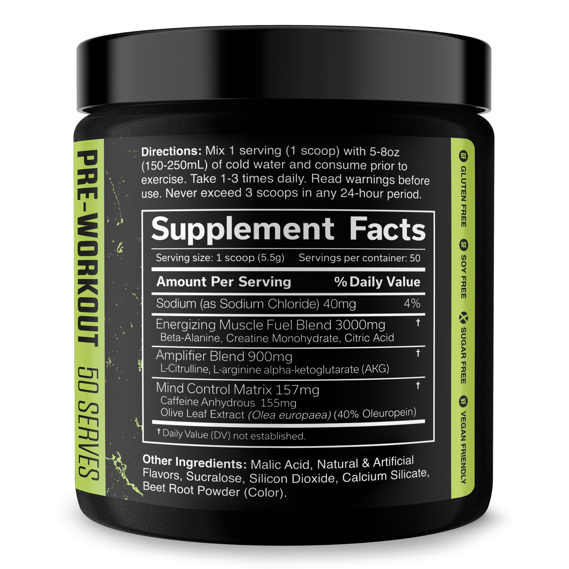 Pre-workout supplement jar, Supplement Facts panel with nutrition amount details