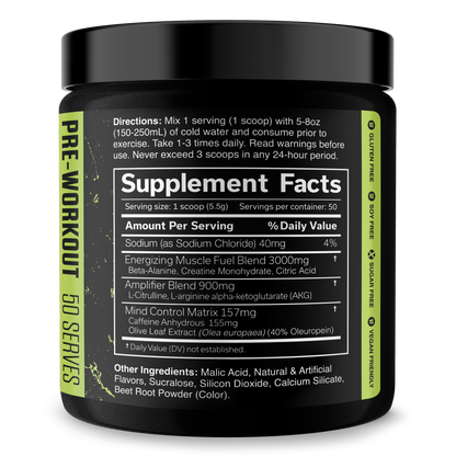 Pre-workout supplement jar, Supplement Facts panel with nutrition amount details