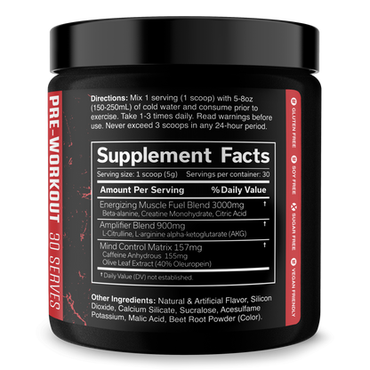 Pre-workout supplement facts panel on tub with servings and ingredient list