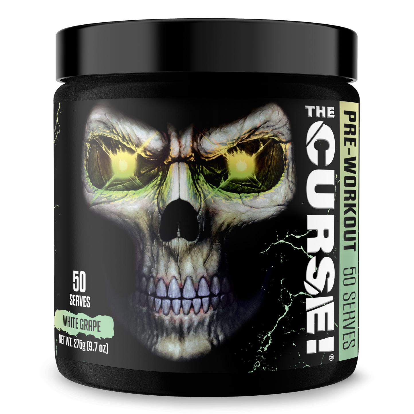 Pre-workout supplement tub with White Grape flavor label and skull eye graphic