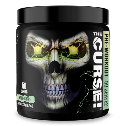 Pre-workout supplement tub with White Grape flavor label and skull eye graphic