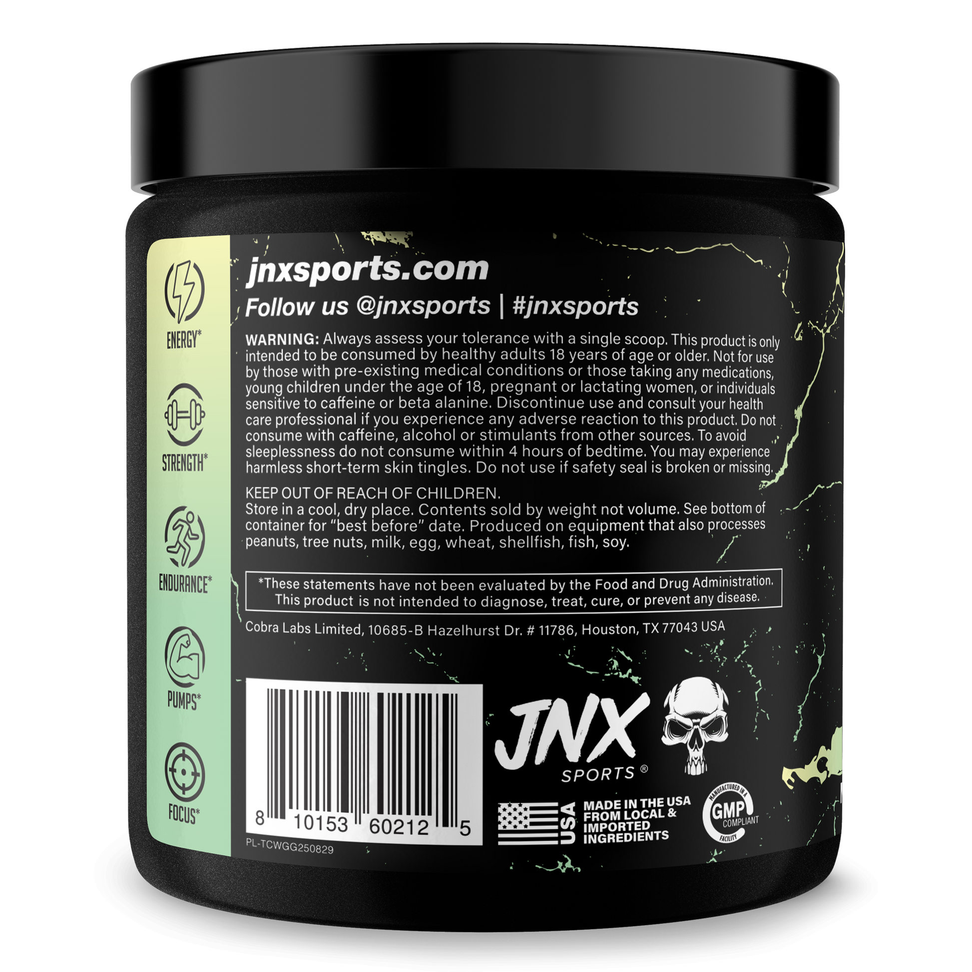 Pre-workout supplement tub, black with back label text, barcode, and JNX Sports mark
