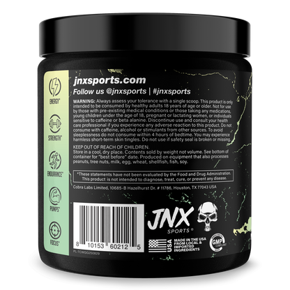 Pre-workout supplement tub, black with back label text, barcode, and JNX Sports mark