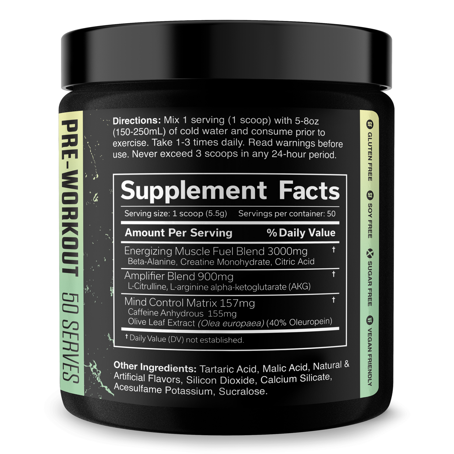 Pre-workout supplement tub with Supplement Facts panel and ingredient list