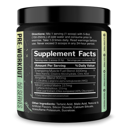 Pre-workout supplement tub with Supplement Facts panel and ingredient list