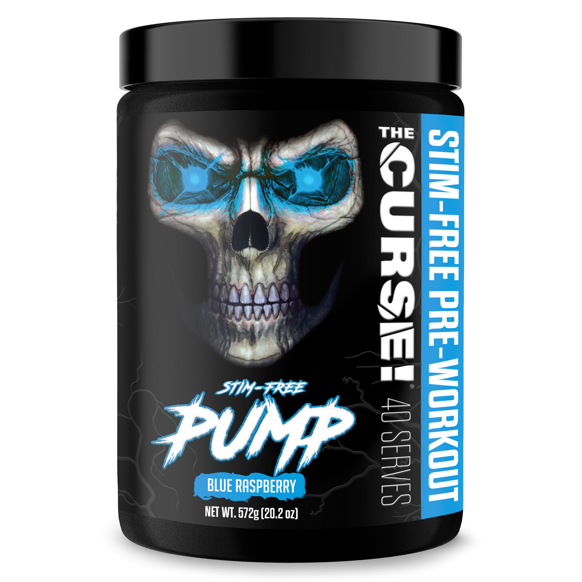 Energy supplement tub with skull graphic and Blue Raspberry flavor