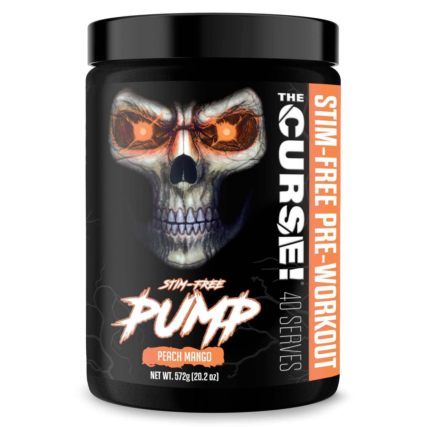Energy supplement tub with skull graphic and Peach Mango flavor