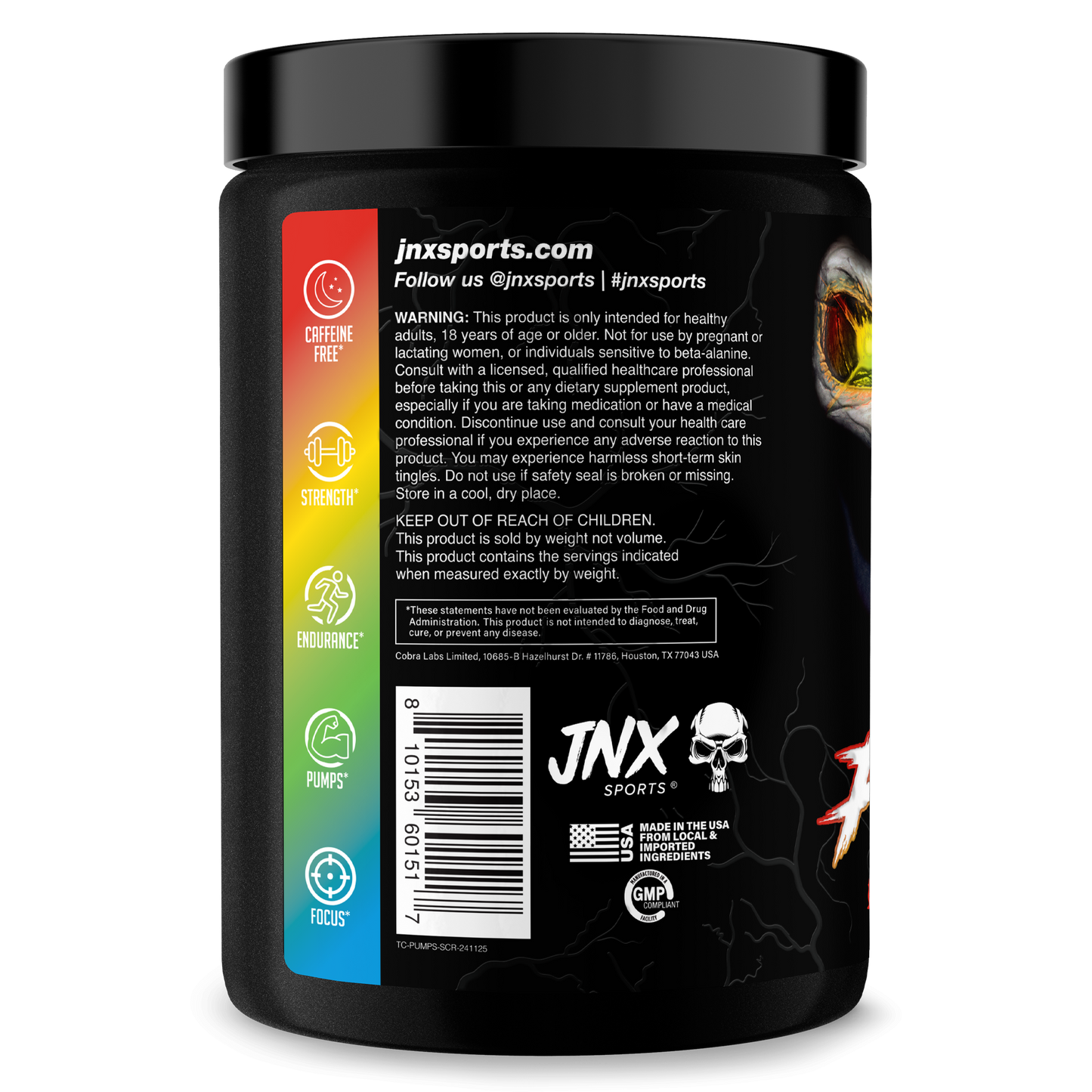 Energy supplement tub back label with ingredients and nutrition details
