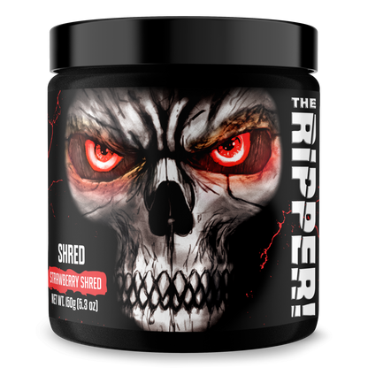 Fat burner supplement tub with skull graphic and red glowing eyes, Shred label
