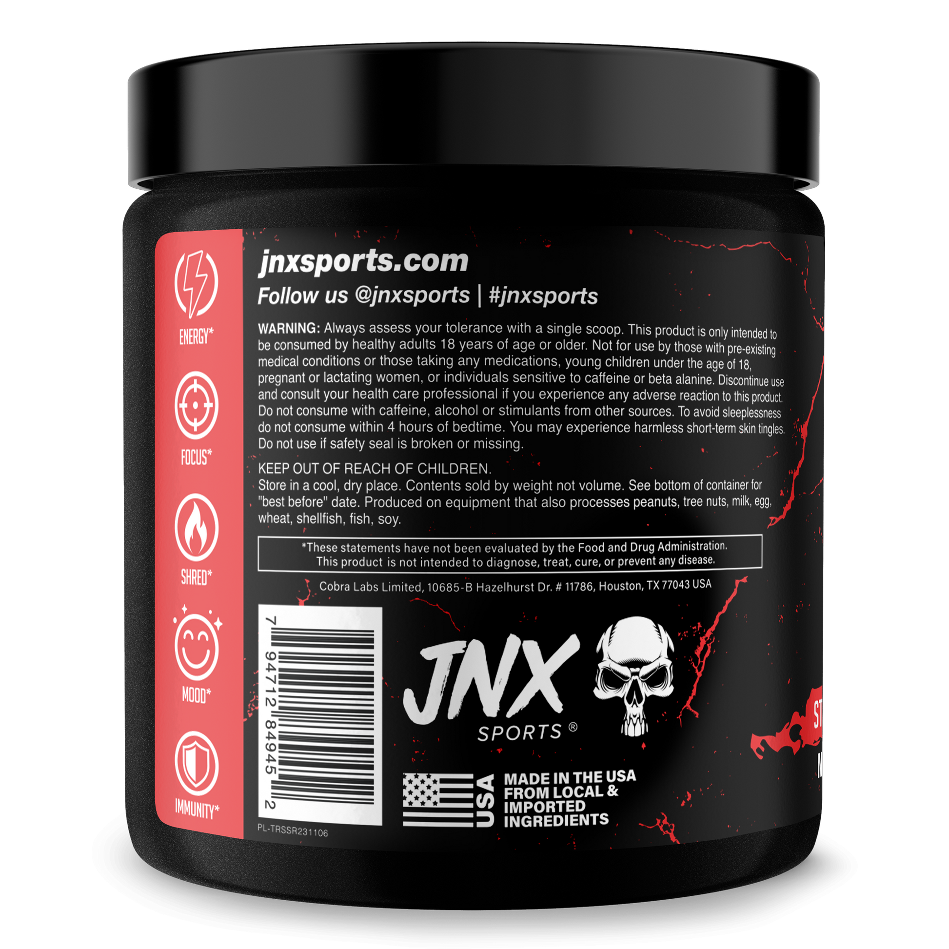 Fat burner supplement tub back label with jnxsports.com, icons, and barcode