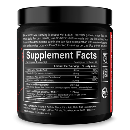 Fat burner supplement tub with Supplement Facts nutrition panel on black label