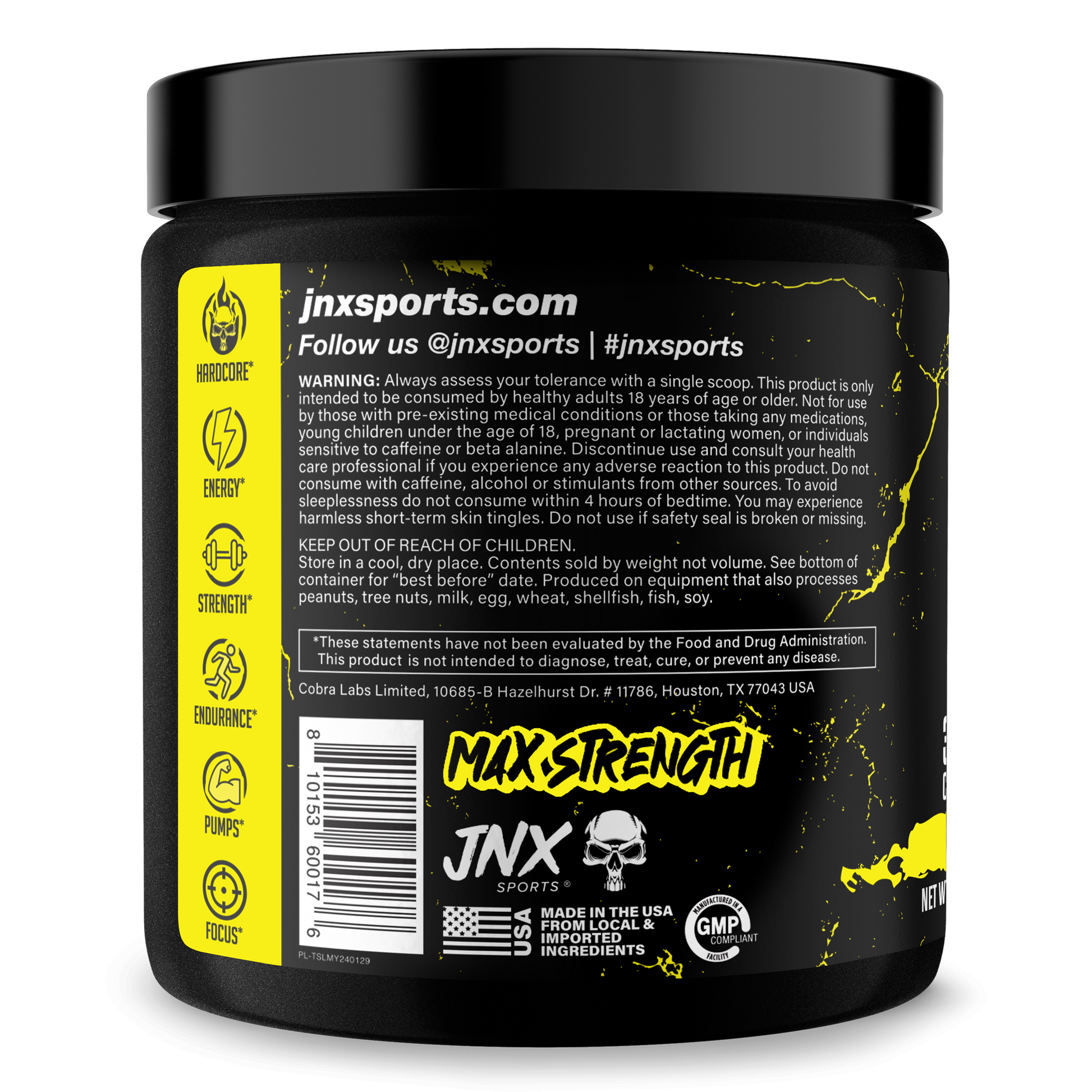 Pre-workout supplement jar back label with ingredients text, barcode, and logo