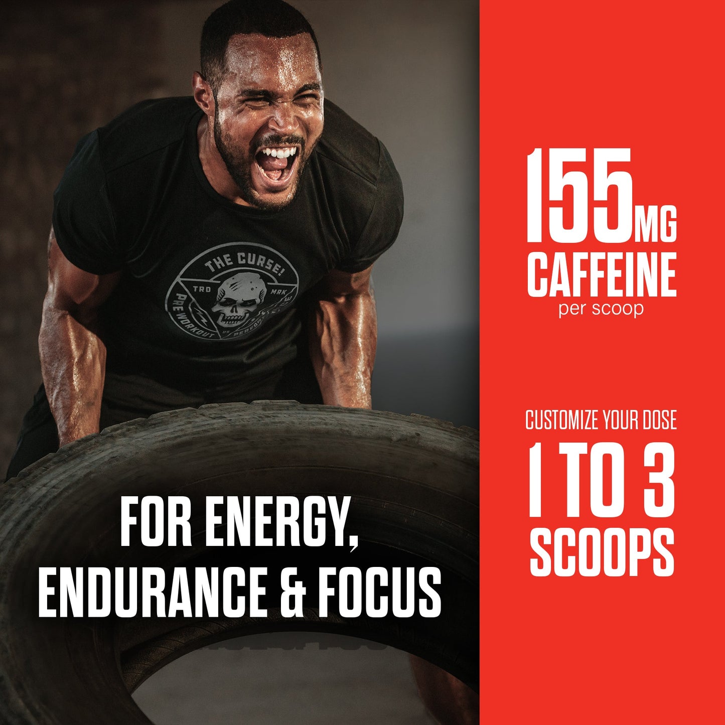 Pre-workout tub panel with 150 mg caffeine per scoop and dose guide