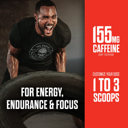 Pre-workout tub panel with 150 mg caffeine per scoop and dose guide