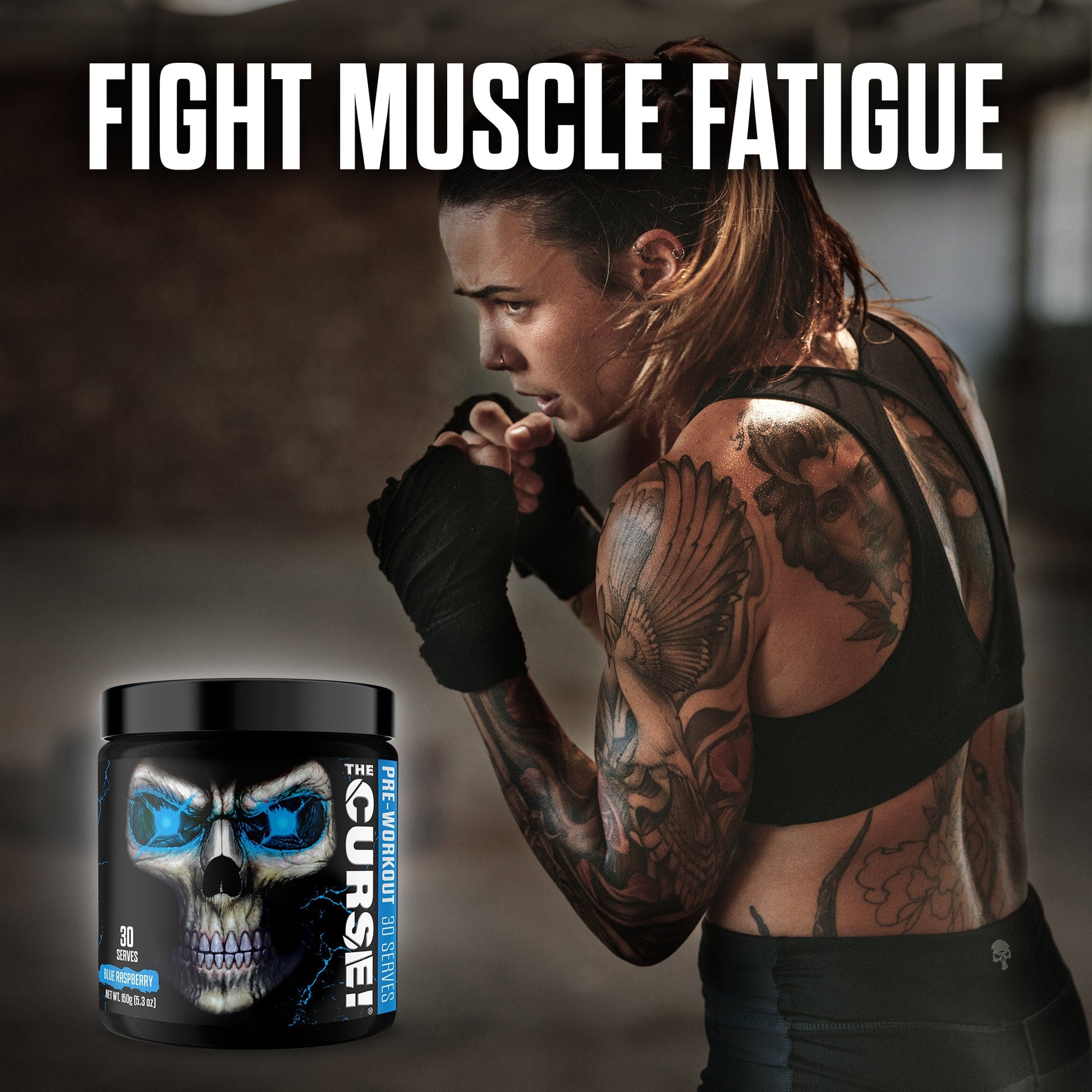 Pre-workout supplement jar with skull label and workout woman holding hands near mouth