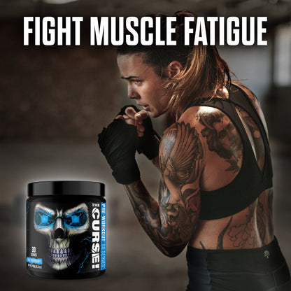 Pre-workout supplement jar with skull label and workout woman holding hands near mouth