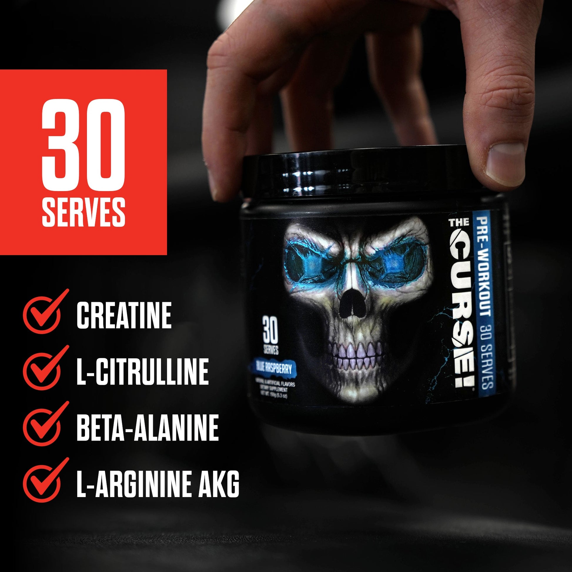 Pre-workout tub with 30 serves and ingredient icons for creatine and L-citrulline