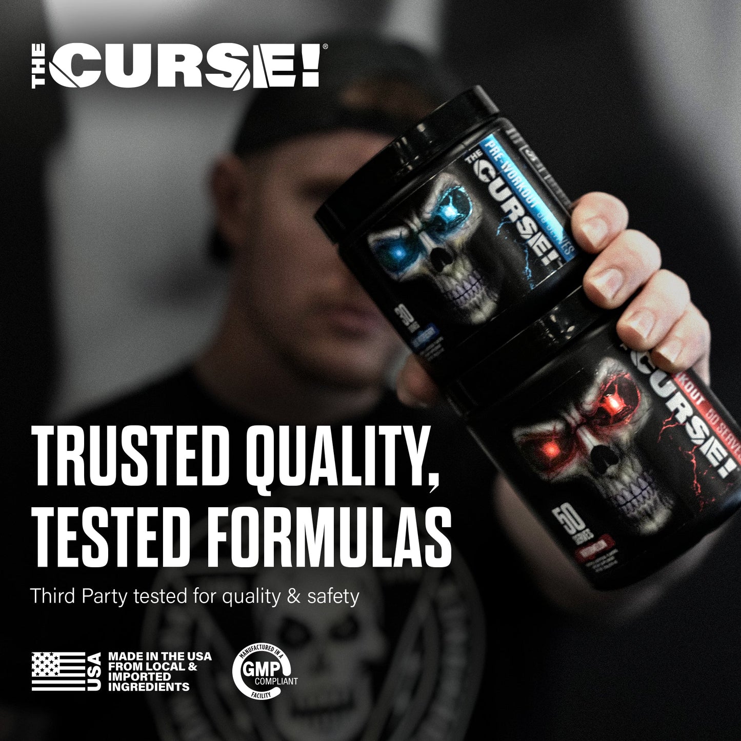 Pre-workout tub held in hand with trusted quality and tested formulas text