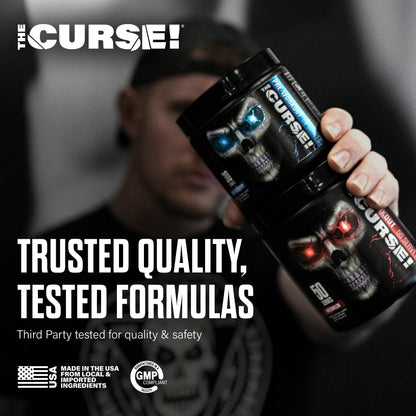 Pre-workout supplement bottle with skull label in hand