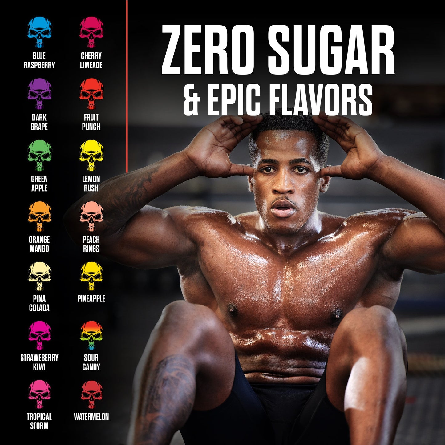 Pre-workout supplement flavor selection chart with zero sugar and multiple flavor icons