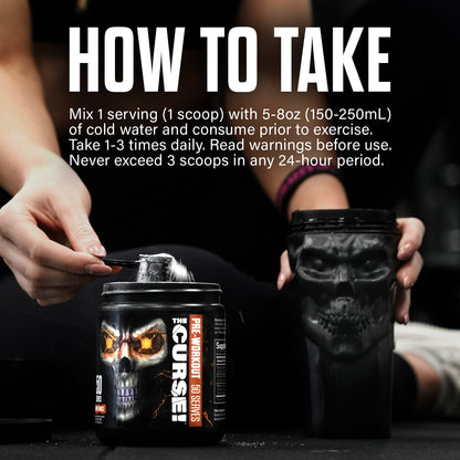 Pre-workout supplement jar with scoop being poured, with how-to mix instructions