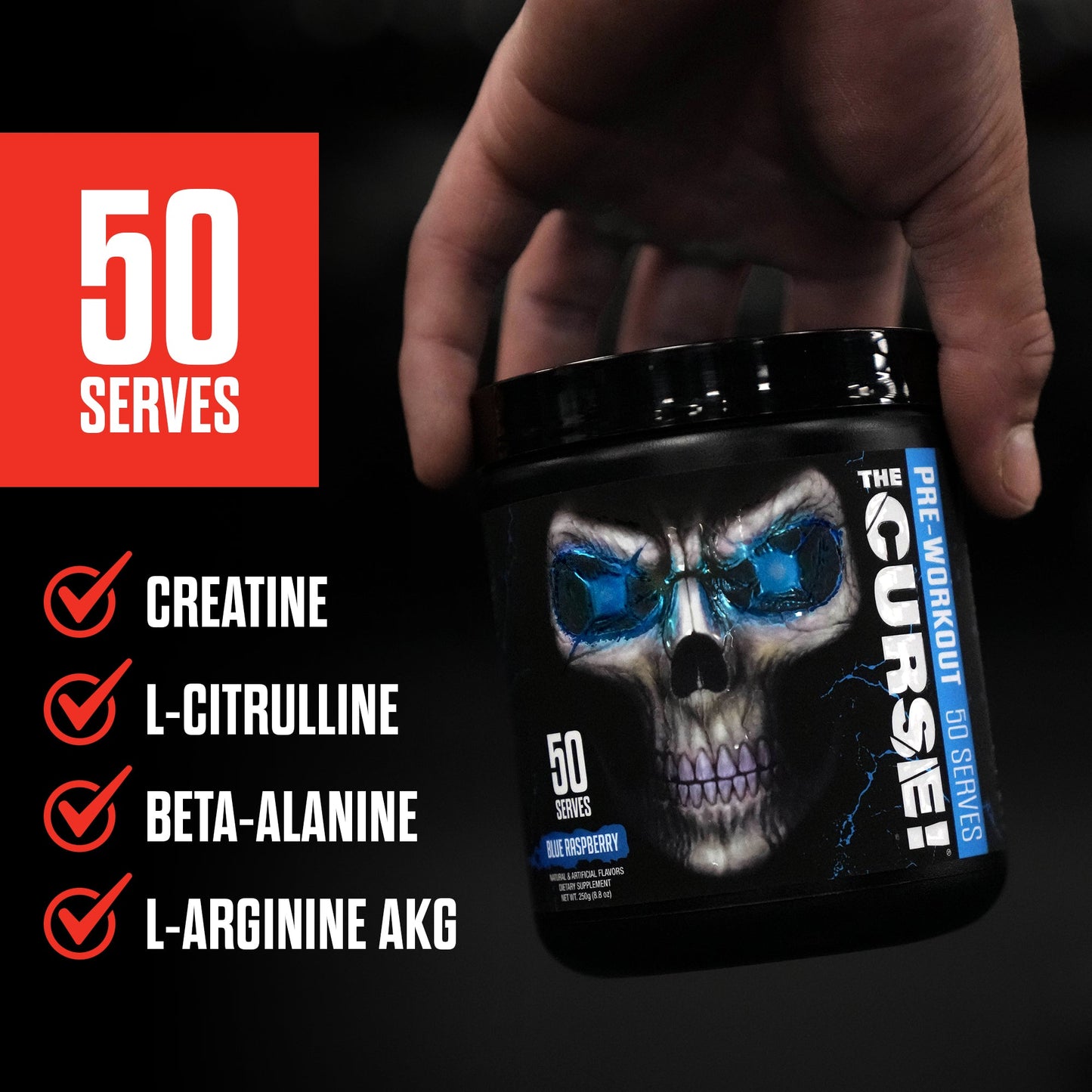 Pre-workout supplement jar with skull label and ingredient icons on the side