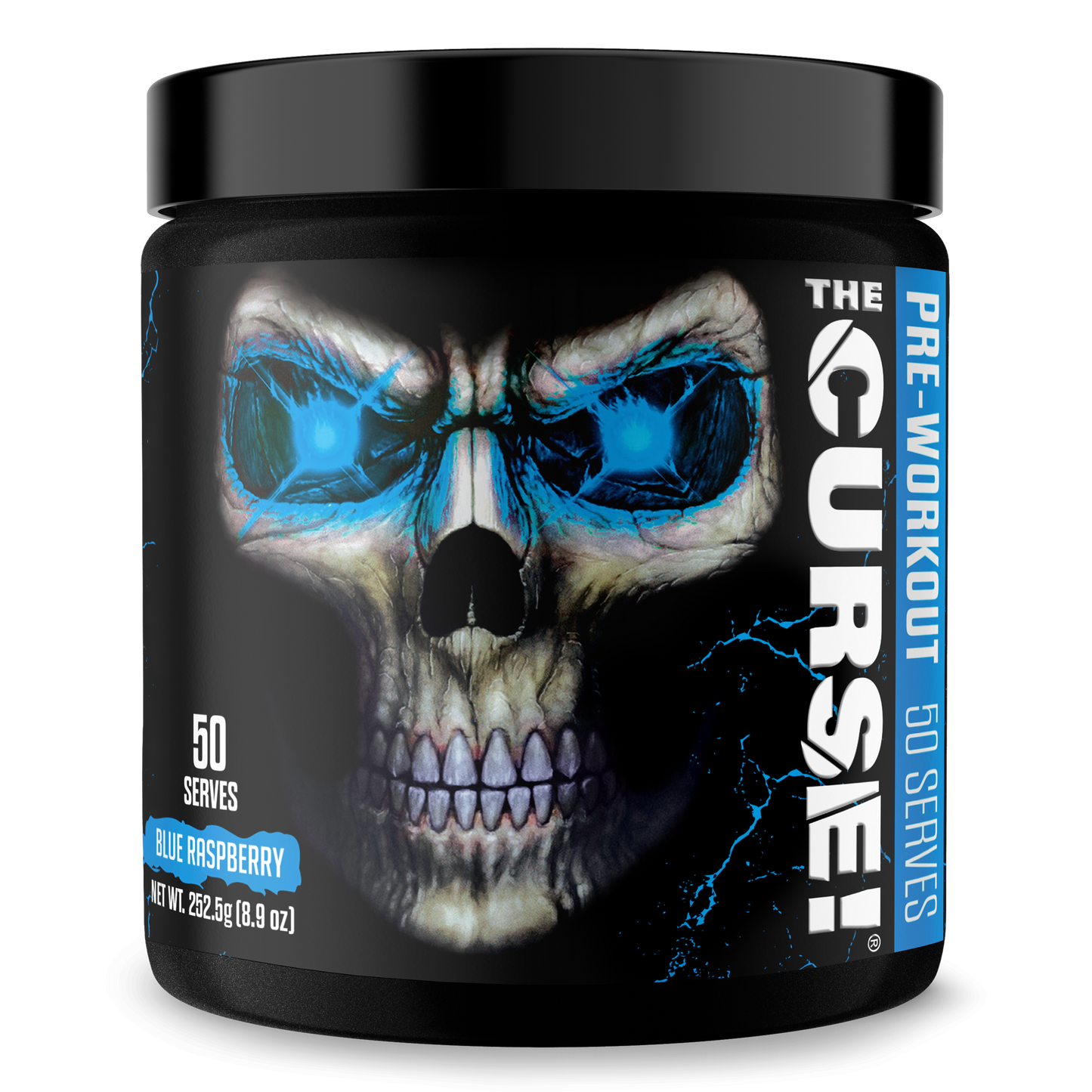 Pre-workout supplement tub with blue skull face graphic and black lid
