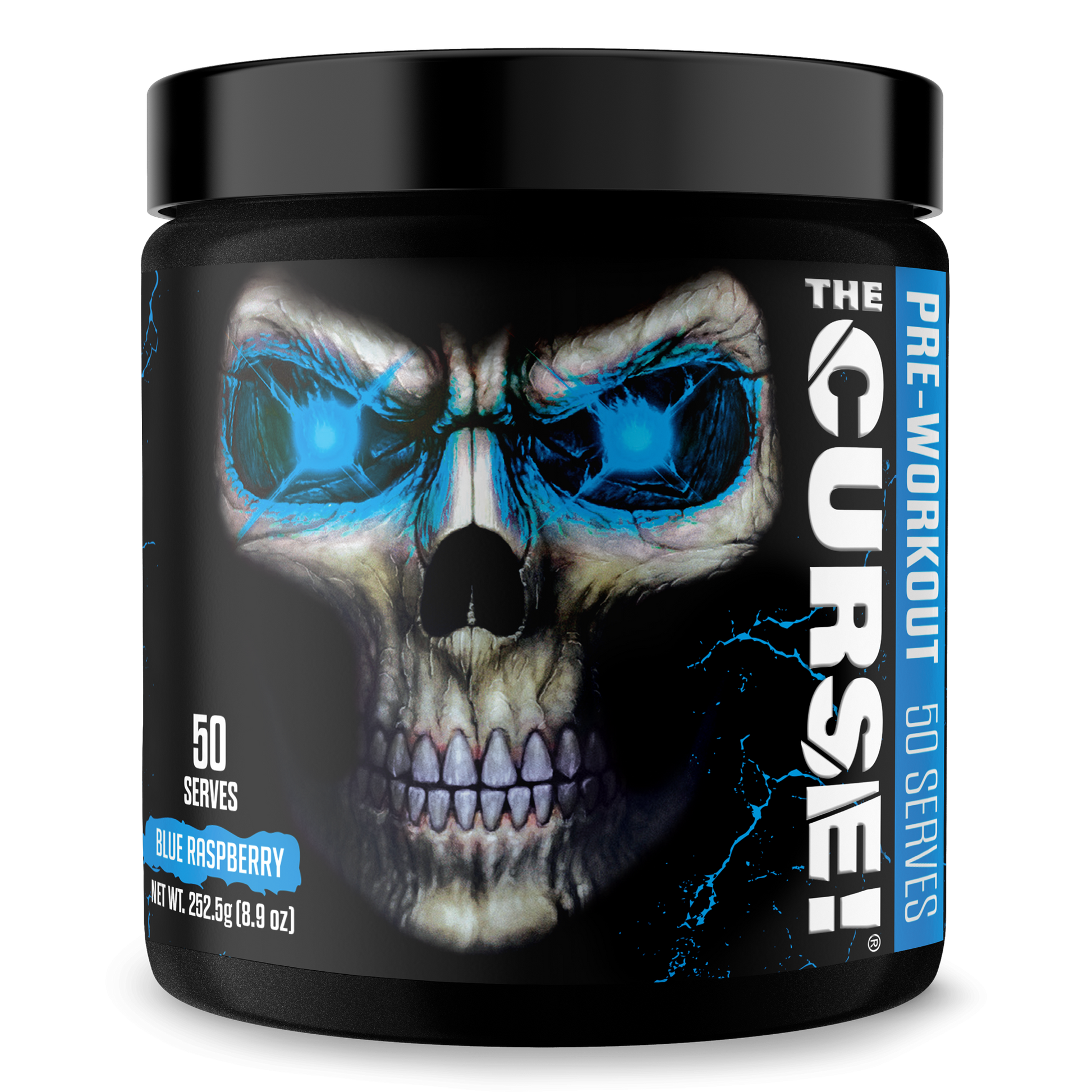 Pre-workout supplement tub with blue skull face graphic and black lid