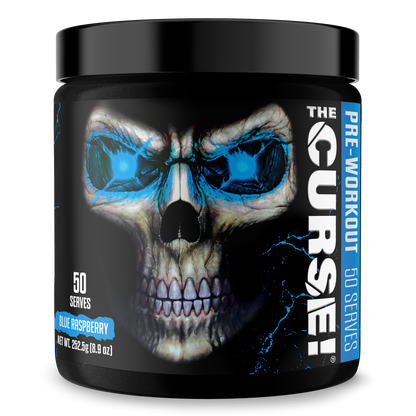 Pre-workout supplement tub with blue skull face graphic and black lid