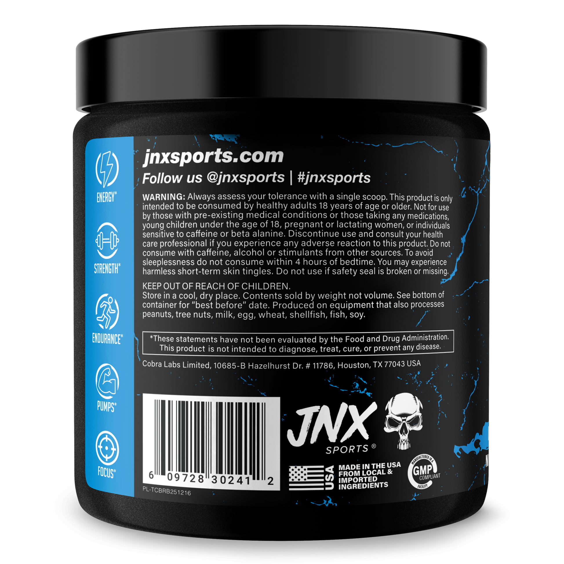 Pre-workout supplement tub side panel with jnxsports.com info and barcode label