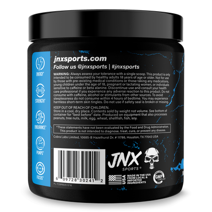 Pre-workout supplement tub side panel with jnxsports.com info and barcode label