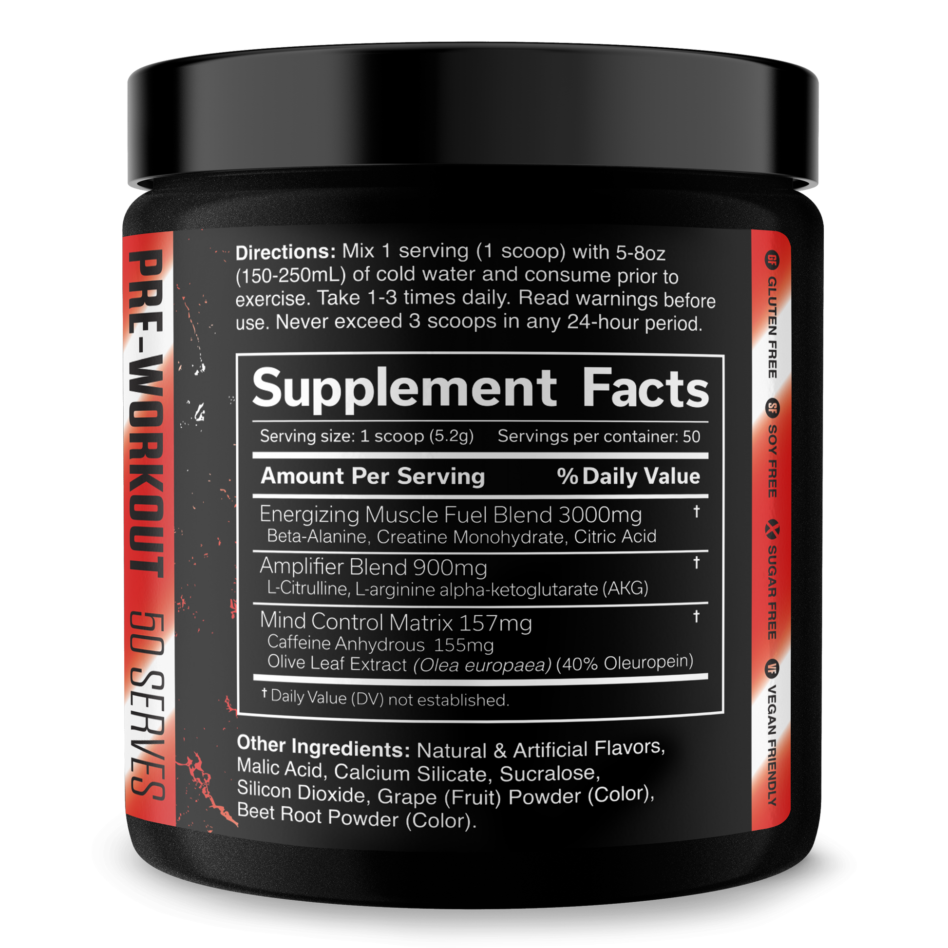 Pre-workout supplement tub with Supplement Facts panel and red accent label