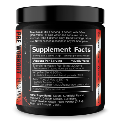 Pre-workout supplement tub with Supplement Facts panel and red accent label