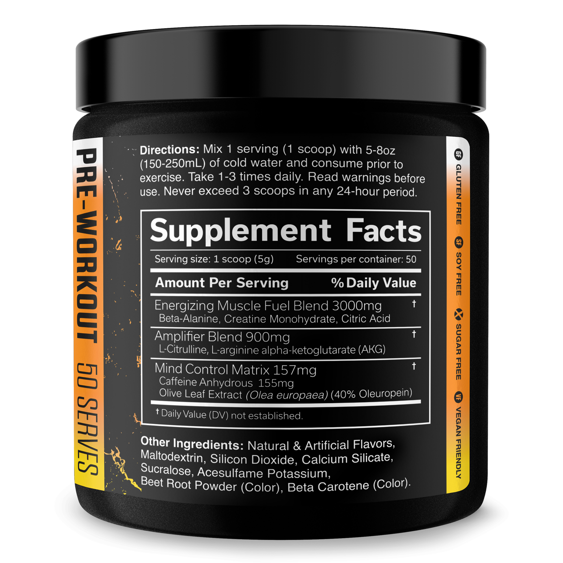 Pre-workout supplement tub back label showing Supplement Facts nutrition table
