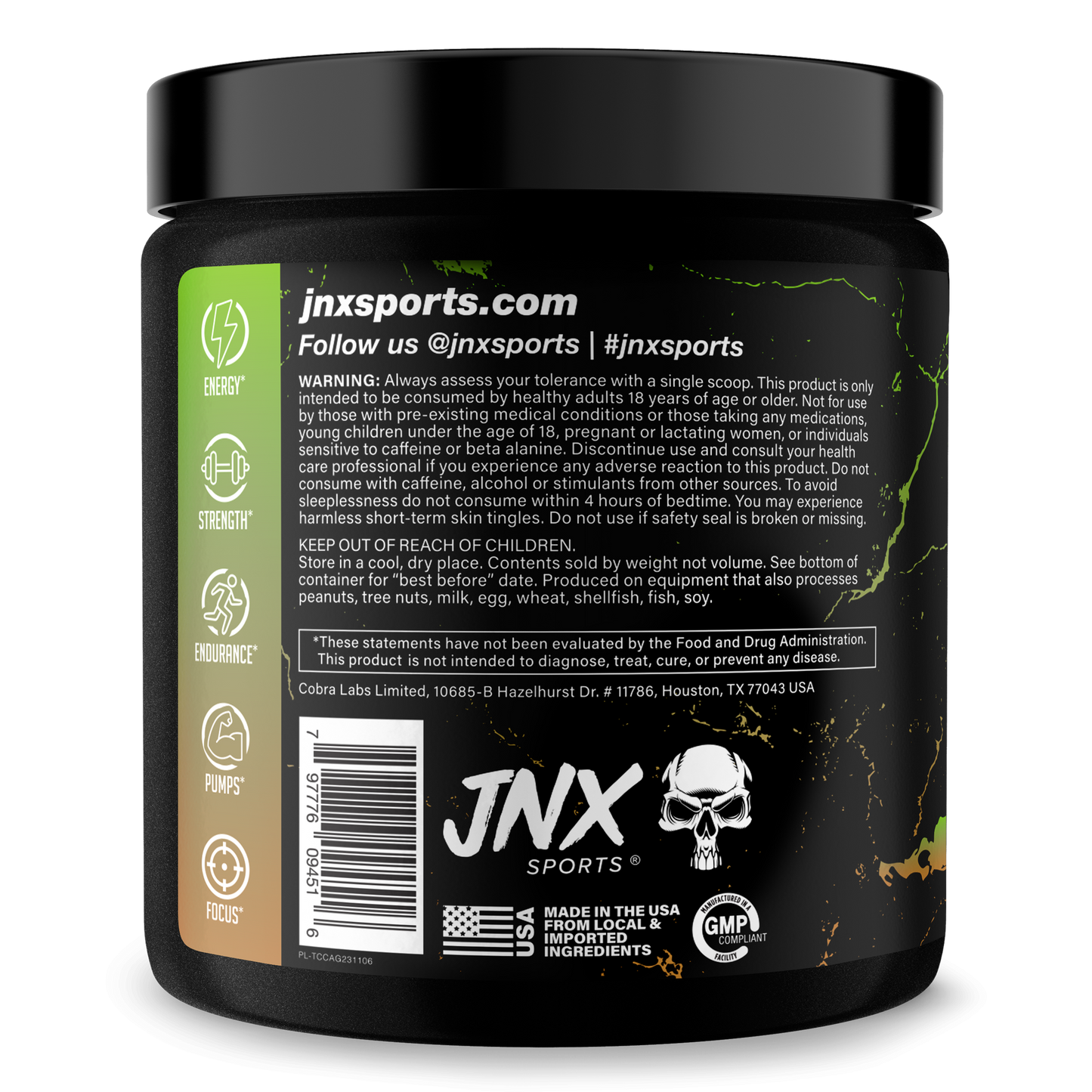 Pre-workout supplement jar, back label with jnxsports.com and usage notes