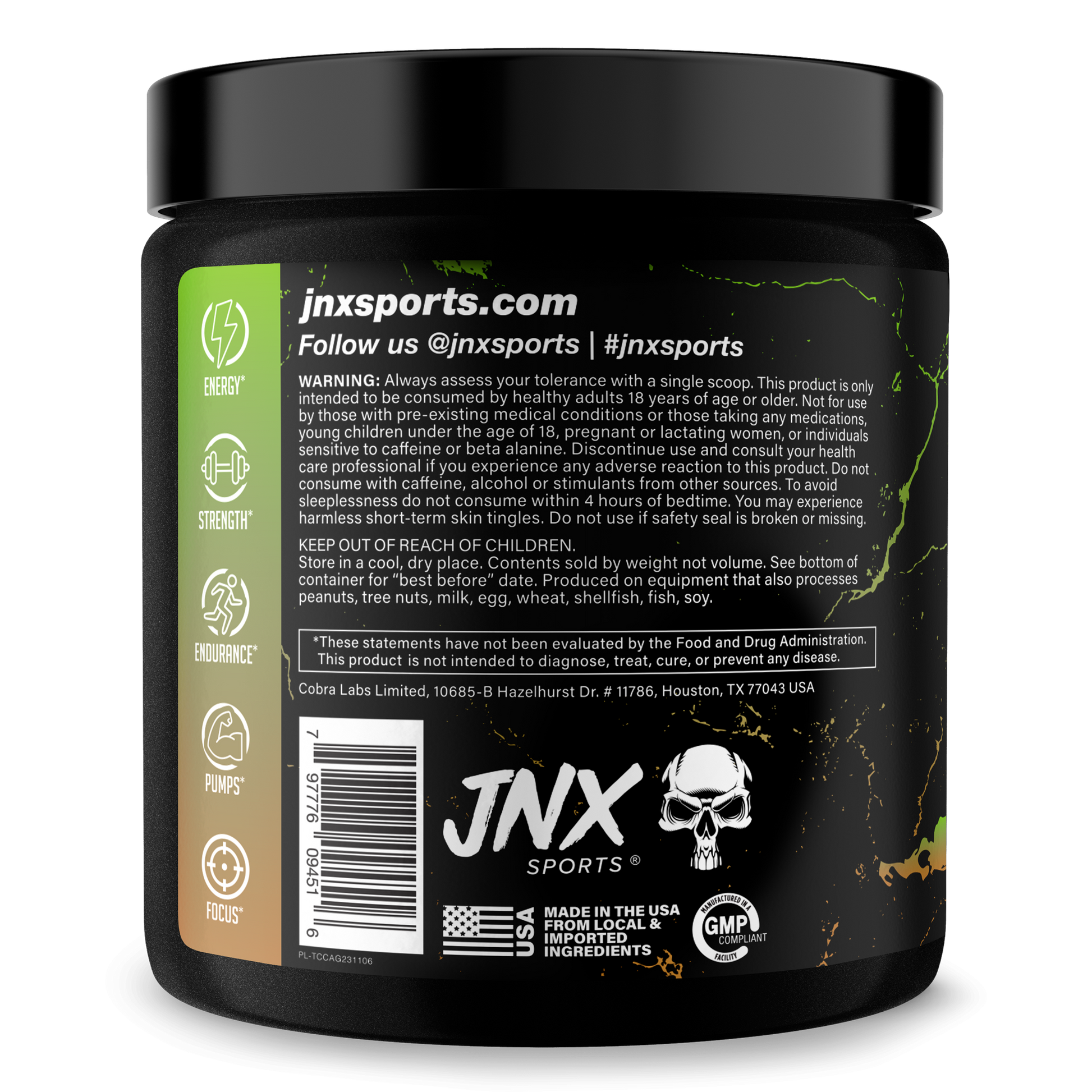 Pre-workout supplement jar, back label with jnxsports.com and usage notes