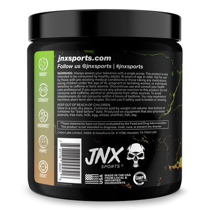 Pre-workout supplement jar, back label with jnxsports.com and usage notes