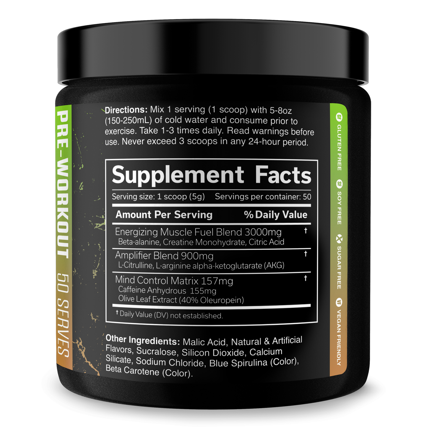 Pre-workout supplement jar, green Supplement Facts label and directions