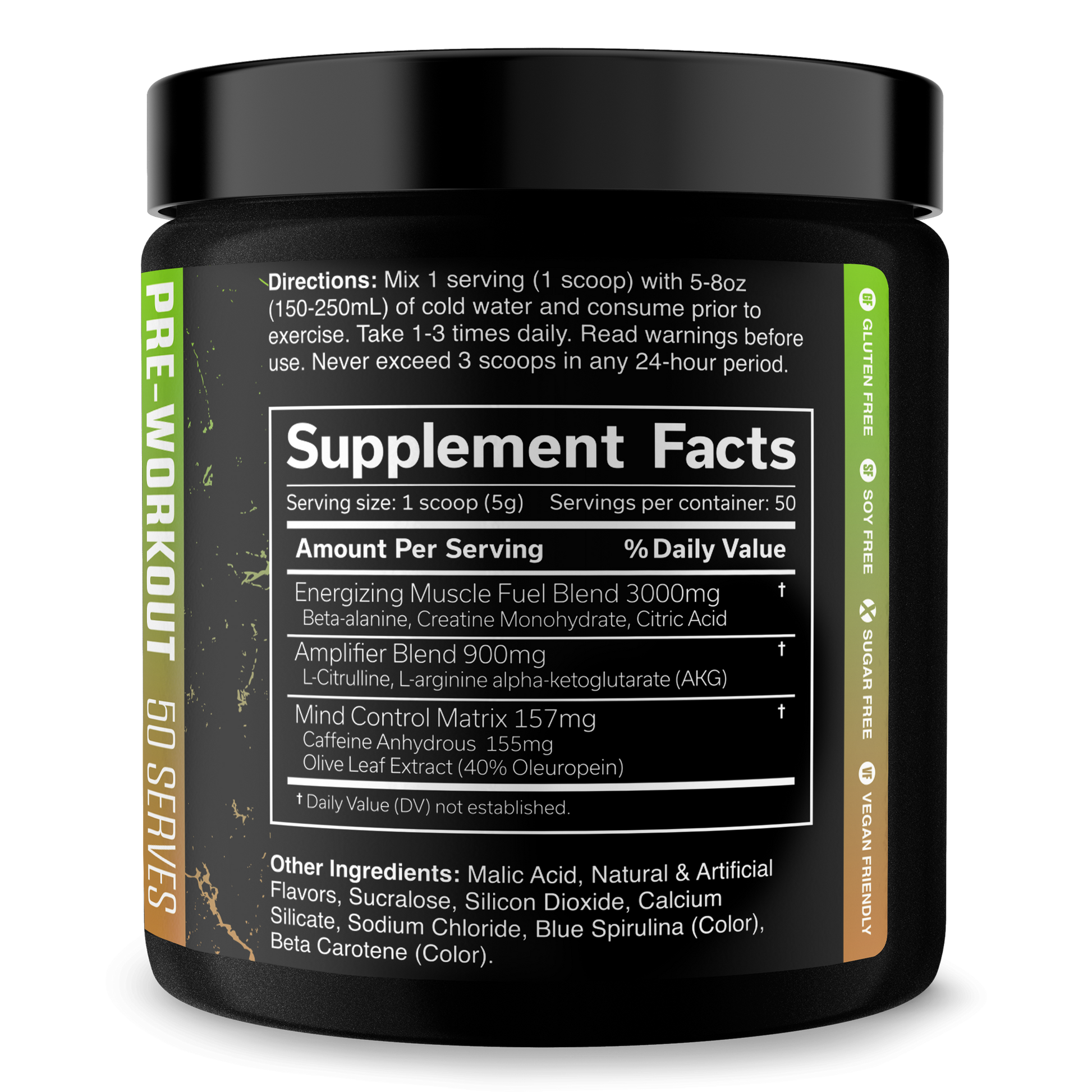 Pre-workout supplement jar, green Supplement Facts label and directions