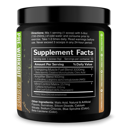 Pre-workout supplement jar, green Supplement Facts label and directions