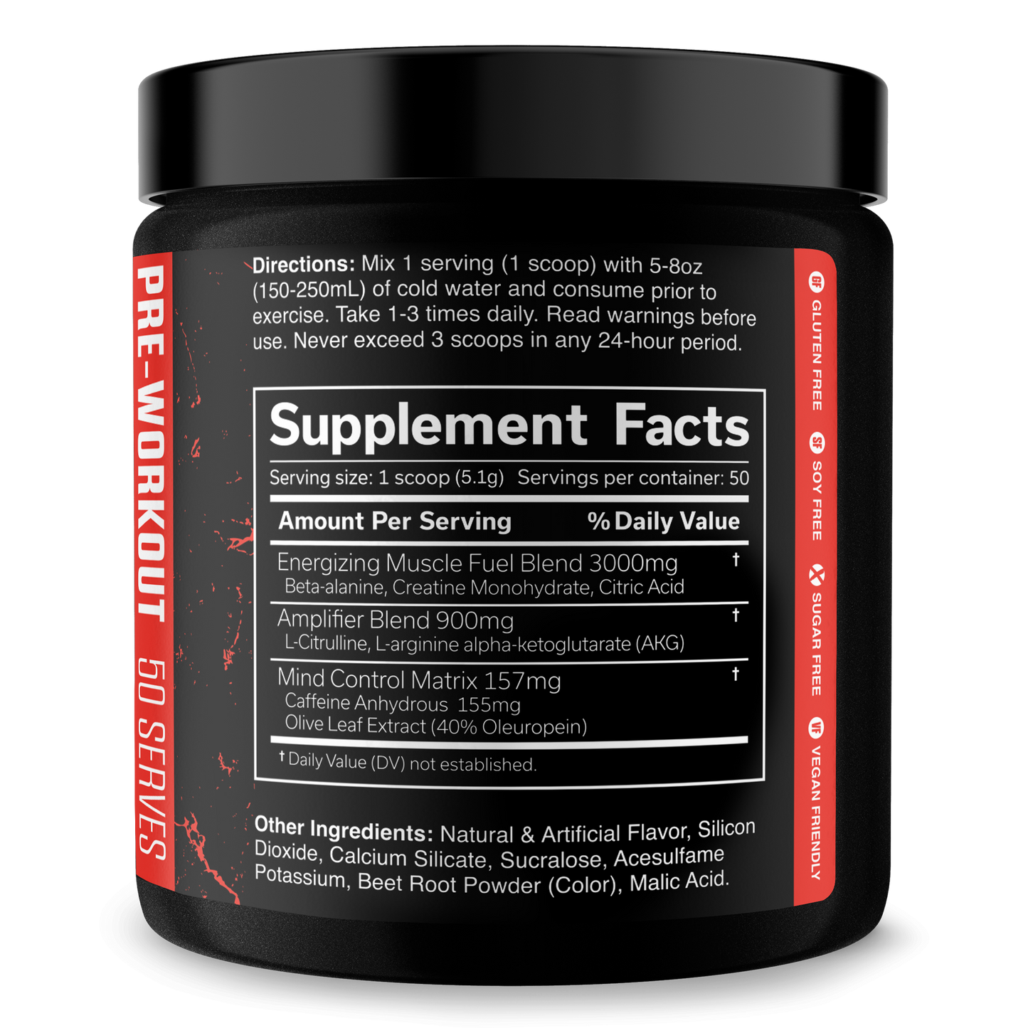 Pre-workout supplement jar back label with Supplement Facts panel and ingredient list.