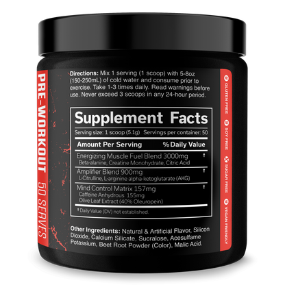 Pre-workout supplement jar back label with Supplement Facts panel and ingredient list.