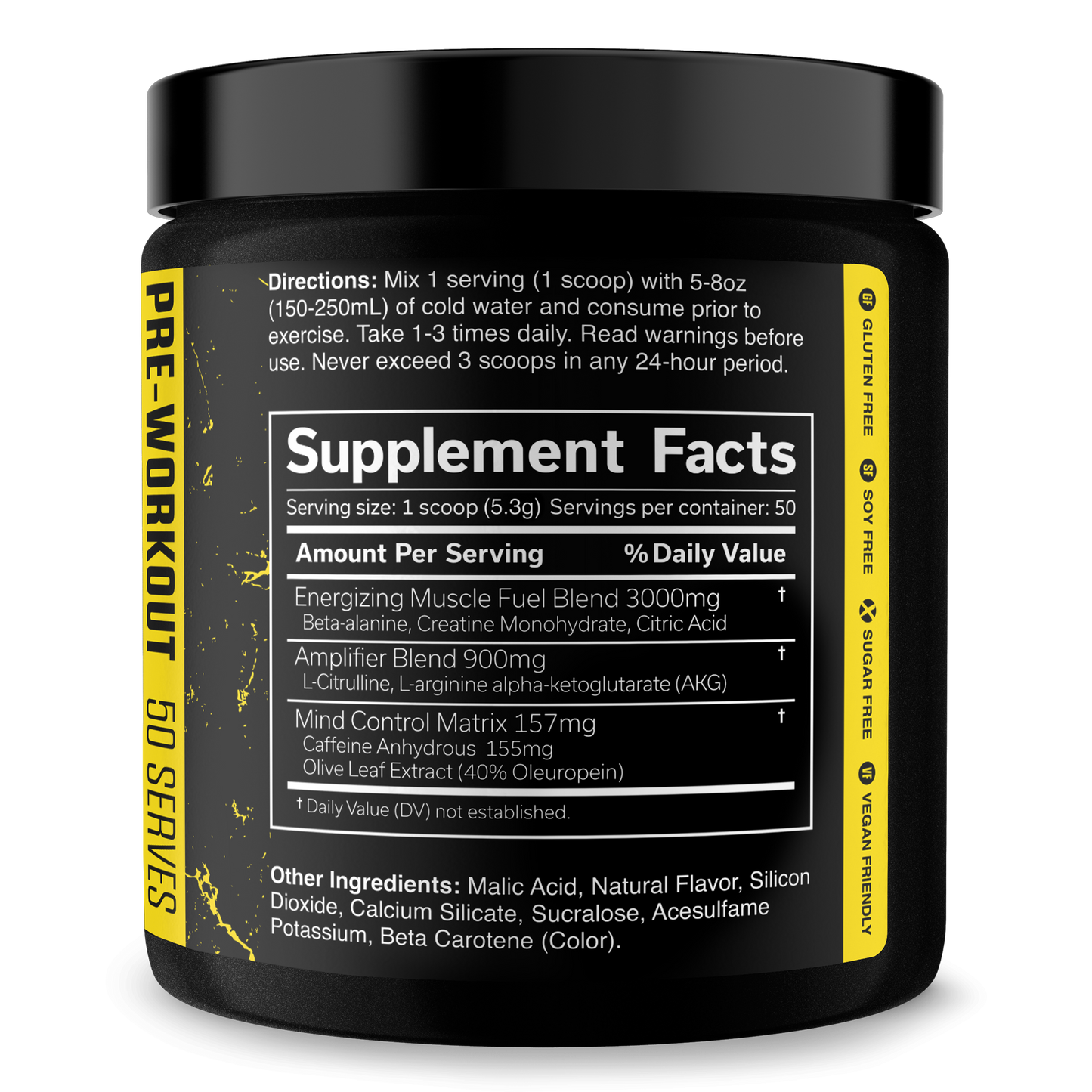 Pre-workout supplement tub with Supplement Facts panel on yellow label