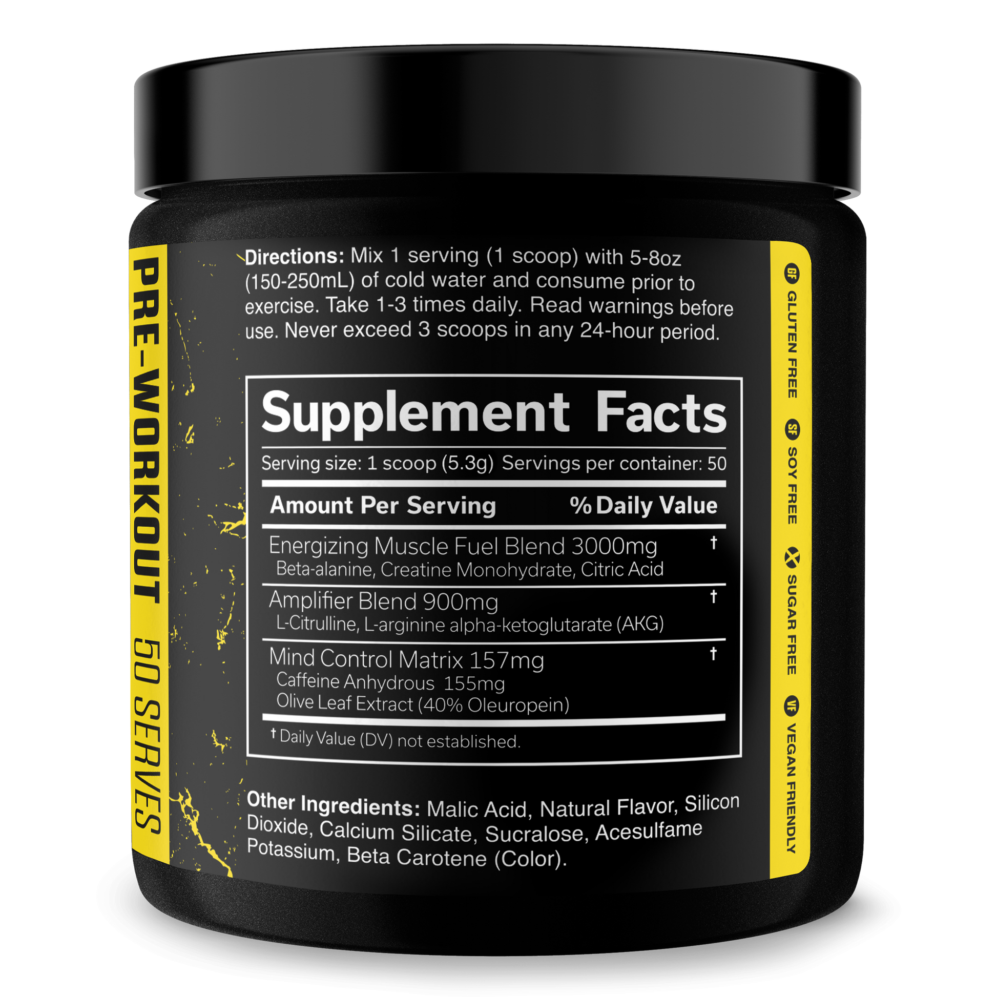 Pre-workout supplement tub with Supplement Facts panel on yellow label