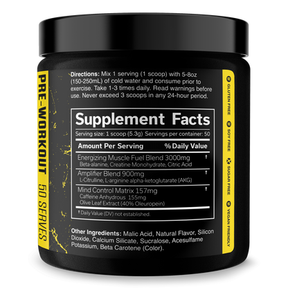 Pre-workout supplement tub with Supplement Facts panel on yellow label