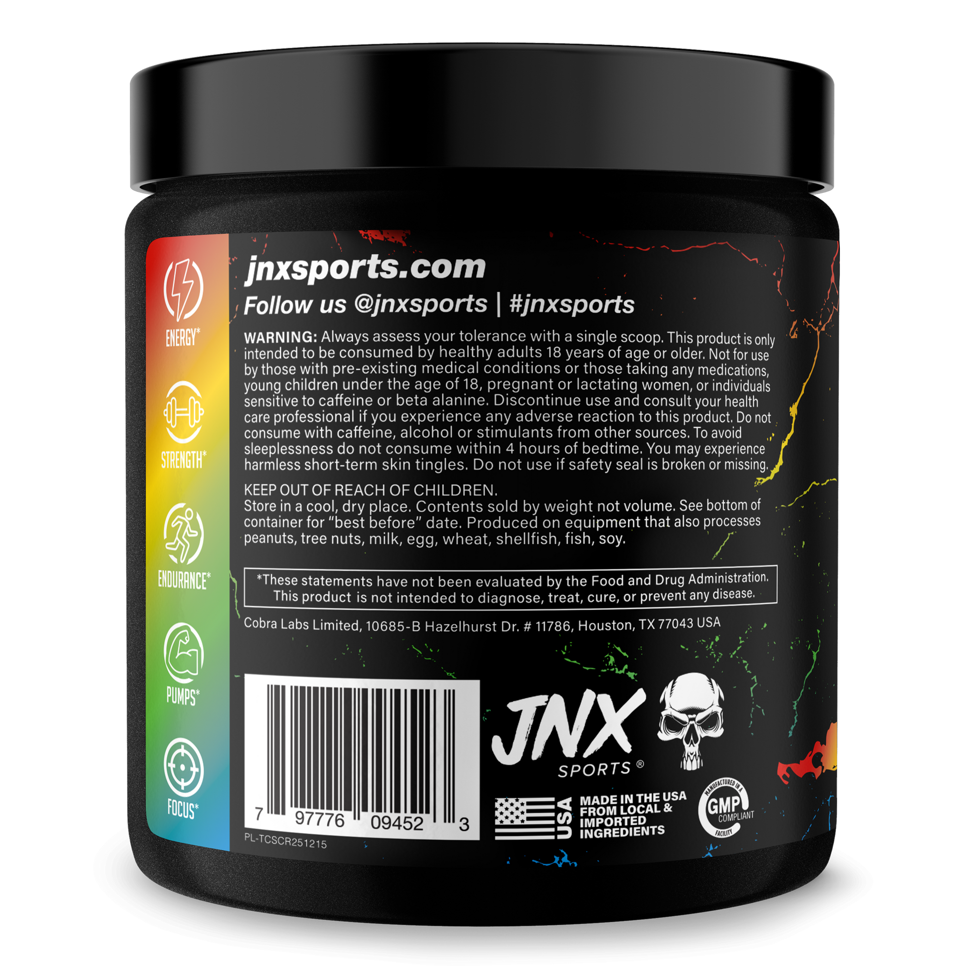 Pre-workout supplement tub, black with back label text, barcode, and flavor branding