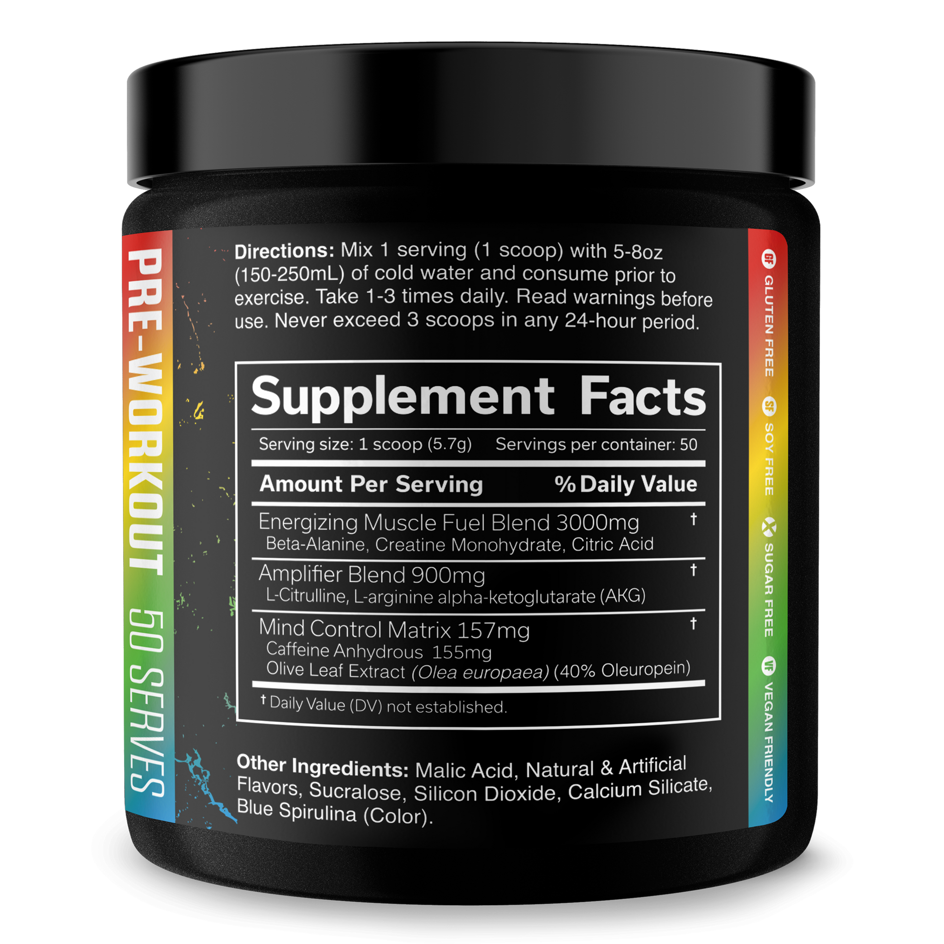 Pre-workout supplement tub with Supplement Facts panel and ingredient list in blue accents