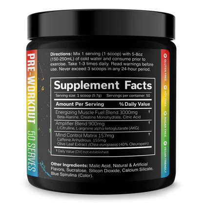 Pre-workout supplement tub with Supplement Facts panel and ingredient list in blue accents