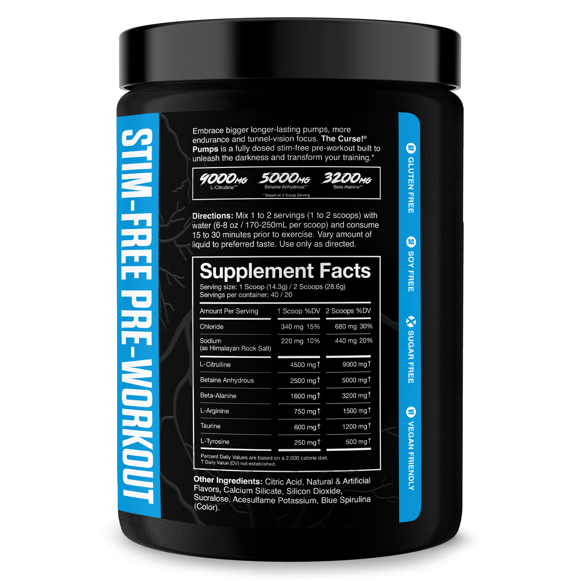 Energy supplement bottle back label with Supplement Facts panel and blue vertical stripe
