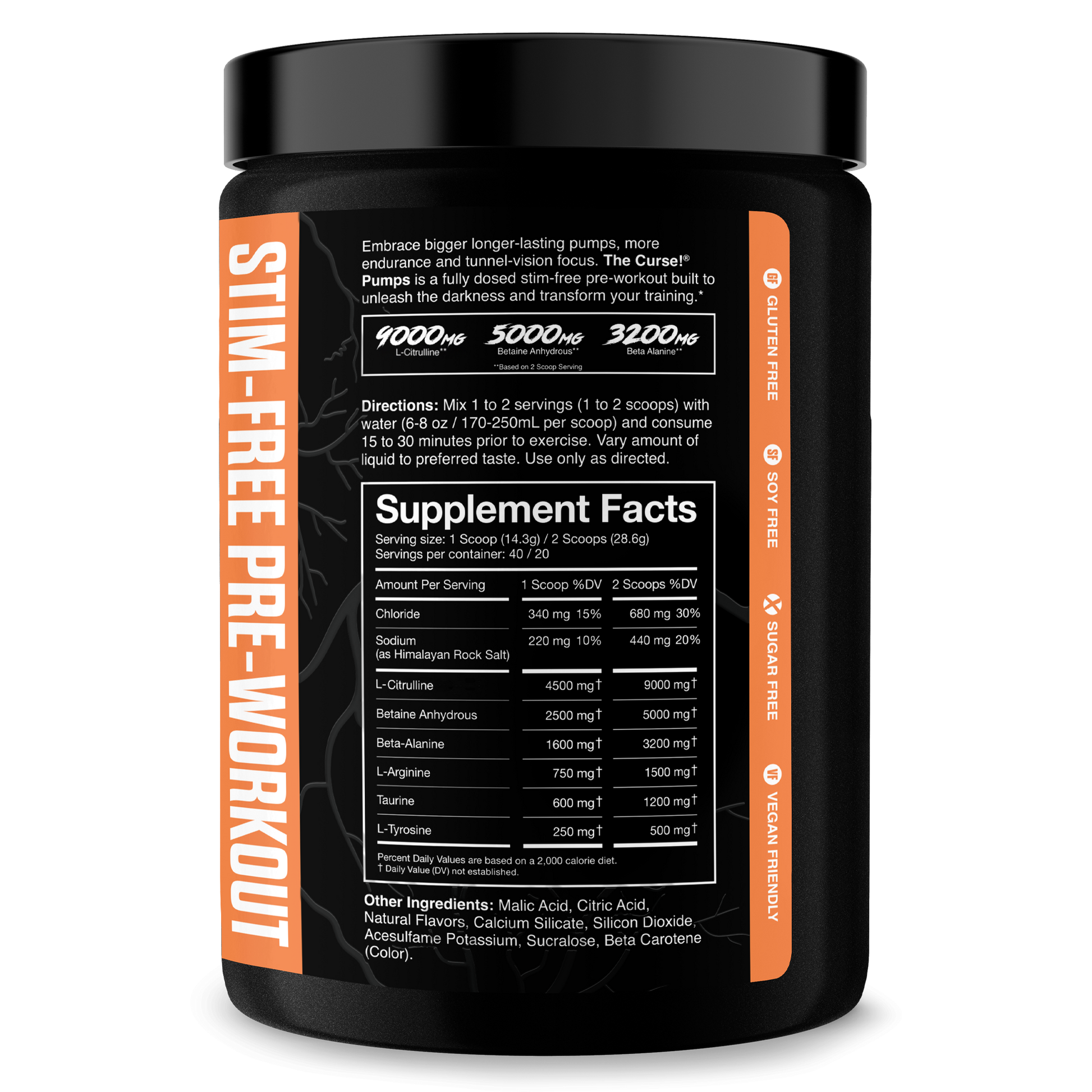 Energy supplement bottle back label with Supplement Facts panel and orange vertical stripe